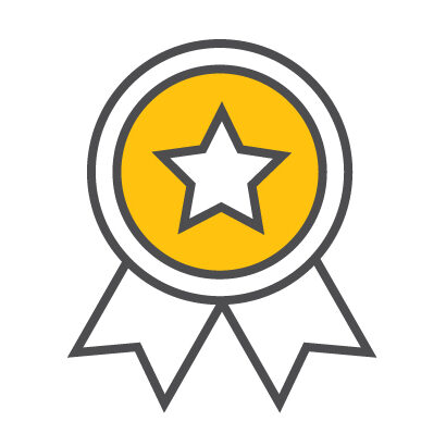 A yellow circle in middle with a white star badge.