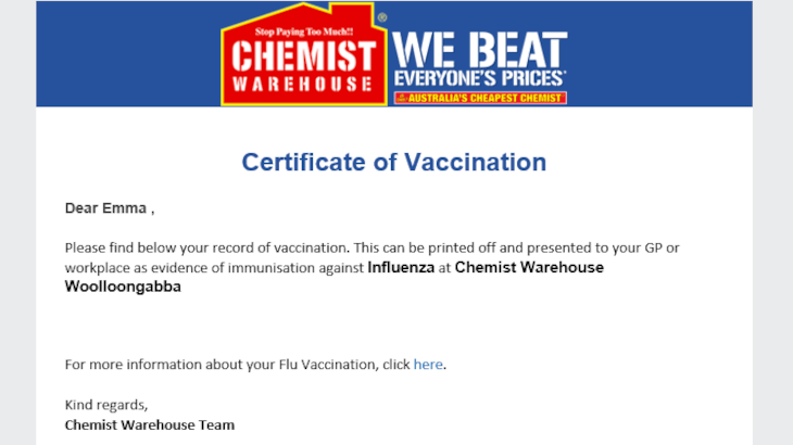 Certificate of Vaccination from Chemist Warehouse